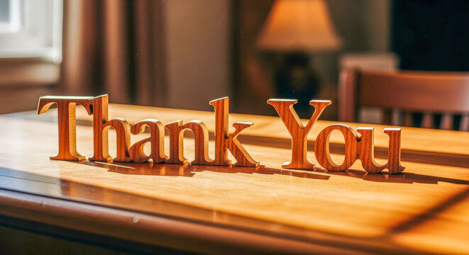 Elegant wooden 'Thank You' sign, expressing appreciation, gratitude, and positive emotions in warm, inviting light