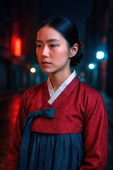Woman in red hanbok stands on neon lit street at night with thoughtful expression and hairpin
