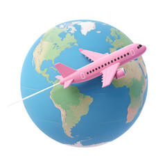 Pink Airplane Flying Over Earth, Transparent Background, 3D Realism Graphic