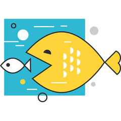 Large yellow fish swallowing small white fish in a blue underwater graphic with abstract shapes and bubbles symbolizing business concept of growth competition and dominance