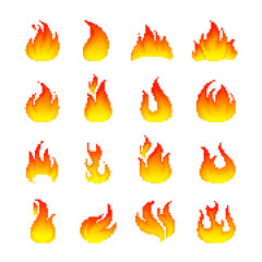 set of fire icons pixel art