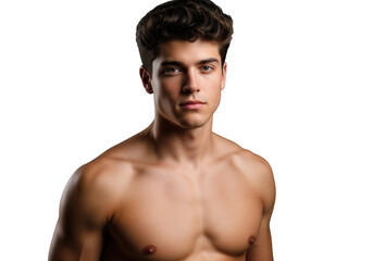 Fototapeta premium Portrait of a smiling young man with curly hair and bare chest, isolated on a transparent background