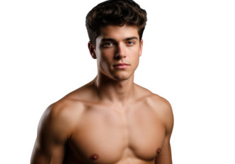 Portrait of a smiling young man with curly hair and bare chest, isolated on a transparent background