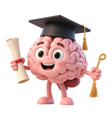 Pink Brain with Graduation Cap, Holding Diploma on Transparent Background, 3D Realism Graphic for Education