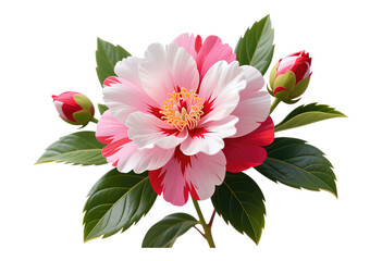 Pink Camellia Flower Blooming, Red and White Petals with Transparent Background, 3D Realism Illustration for Design