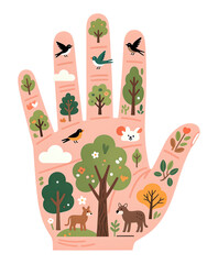 Pink Hand with Nature Elements on Transparent Background, Whimsical Illustration for Branding