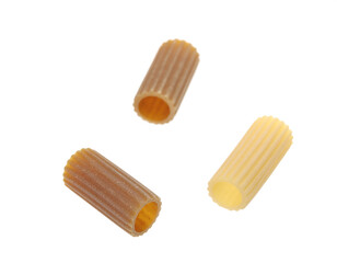 Three different types of artisanal, handcrafted pasta shapes, floating in a dynamic, culinary composition against a clean white background.