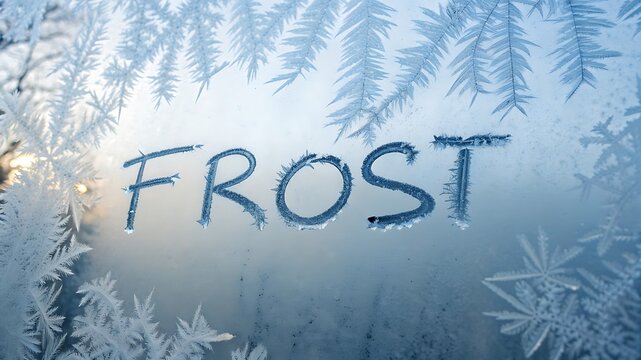 Frost pattern on a window with the word frost written