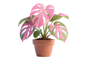 Pink Monstera Leaf with Green Edges, Glossy on Transparent Background, 3D Realism Illustration