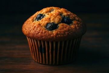 Freshly baked golden brown blueberry muffin with moist texture and visible berries on top placed on a wooden surface