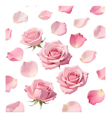 Pink Rose Petals and Buds on Transparent Background, 3D Realism Cutout Design Element
