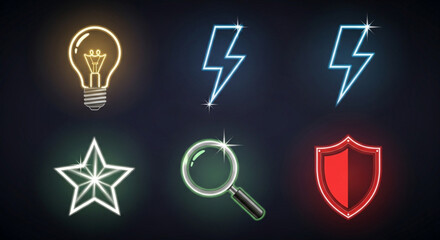 Neon icons glowing in the dark, including a light bulb, lightning bolts, a star, a magnifying glass, and a shield, creating a modern and vibrant design