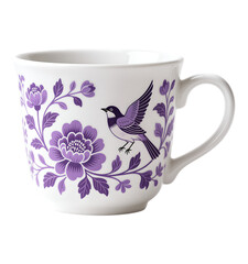 Purple Bird in Flight with Flowers, White Ceramic Mug with Transparent Background, Elegant Design Element