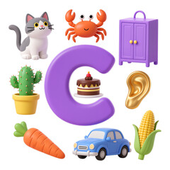 Purple 3D Letter C with Transparent Background, Glossy Design Element for Branding