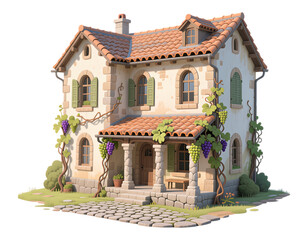 Quaint Cottage with Green Shutters, 3D Realism Illustration with Transparent Background