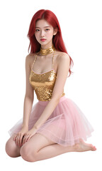 Red-Haired Woman in Gold Sequined Top and Pink Tulle Skirt, On Transparent Background, 3D Realism Fashion Illustration