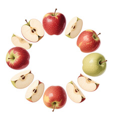 Red Apples with Green Stems, Half-Cut and Whole, on Transparent Background, 3D Realism Illustration for Web Design