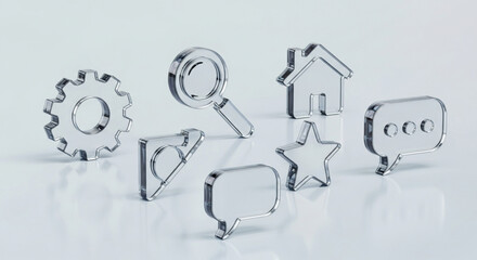 Set of transparent glass icons, including gear, magnifier, house, star, speech bubble, and message