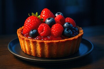 Fresh Berry Tart with Strawberries Raspberries and Blueberries on Golden Crust Served on Dark Plate