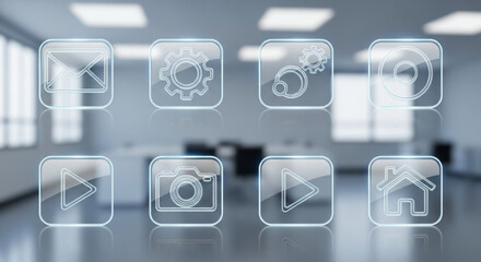 Glass interface icons glowing in modern office, symbolizing digital communication, settings, collaboration, media, and navigation in a techdriven workspace