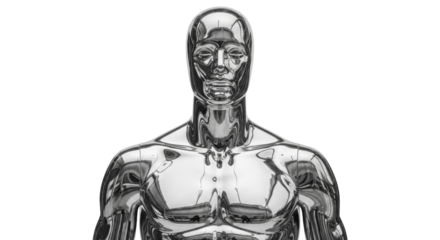 Isolated futuristic chrome mannequin, male torso with artificial intelligence features