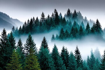 Fototapeta premium Lush evergreen forest shrouded in mist, showcasing a serene landscape with layers of trees, creating a tranquil atmosphere in nature's untouched wilderness