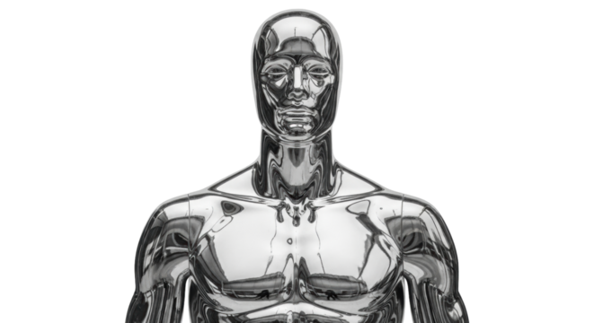 Isolated futuristic chrome mannequin, male torso with artificial intelligence features