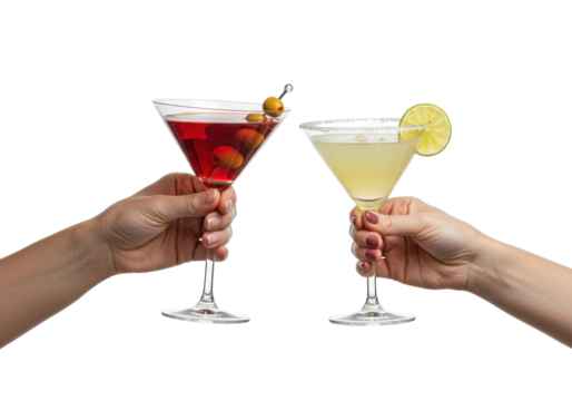 Isolated hands holding martini glasses, with olive garnish and lime slice, beverages upraised