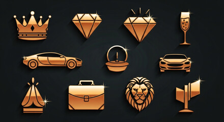 Golden symbols of luxury and success, featuring crown, diamond, champagne, car, ring, briefcase, lion, and flag, representing wealth and high achievement