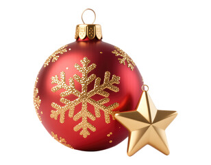 Red Glossy Christmas Ornament with Gold Snowflake, on Transparent Background, 3D Realism Design Element
