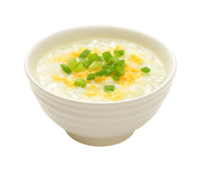Nourishing Congee with Scrambled Egg and Fresh Scallions, a Wholesome Breakfast or Comfort Food Dish, PNG set with transparent background