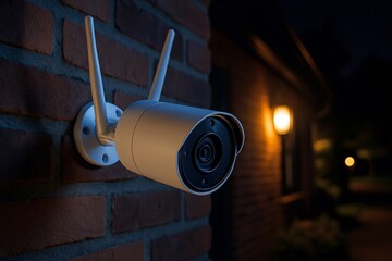 Wireless Security Camera Mounted on Brick Wall at Night with Warm Porch Light Illuminating Exterior of Residential Home
