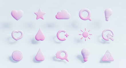 Pastel pink icons collection, featuring heart, star, cloud, speech bubble, light bulb, sun, and other symbols