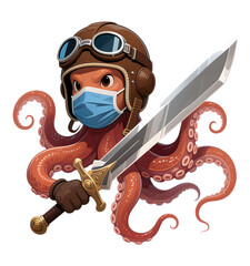 Red Octopus with Pilot Helmet and Sword, Transparent Background, Digital Illustration