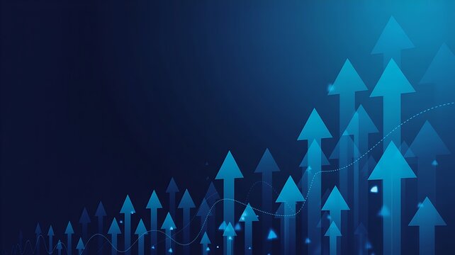 Abstract blue arrows rising on dark background symbolizing growth, success, progress, and innovation
