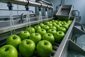 Vibrant green organic apples receive a meticulous washing on an automated stainless steel conveyor, guaranteeing pristine freshness for healthy consumption and food safety