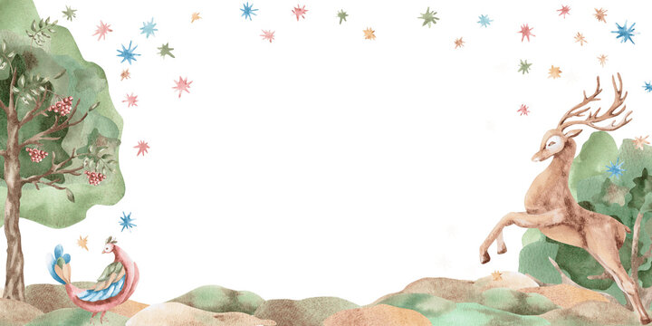 Rectangular frame with a stylized landscape and a deer. Isolated watercolor illustration in a folk style for home textiles, interior design, poster printing, and invitations.