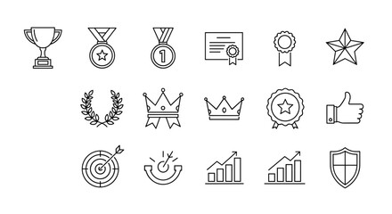 Award and achievement vector line icon set. Trophy, medal, certificate, star, laurel wreath, crown, thumbs up, target. Concept for winner, success, victory, goal, quality.