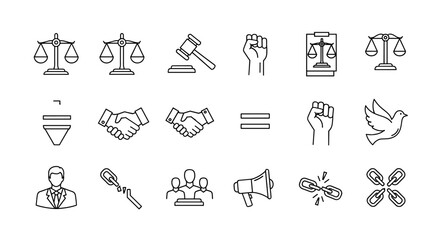 Justice and law icon set. Human rights, equality and freedom symbols. Legal system, court, and civil rights line icons. Protest, peace dove, and solidarity fist vector.