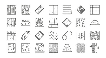 Floor materials line icon set. Flooring and surface collection. Wood texture. Parquet. Ceramic tile. Rug. Carpet. Linoleum. Stone. Paving. Bamboo. Interior design elements.