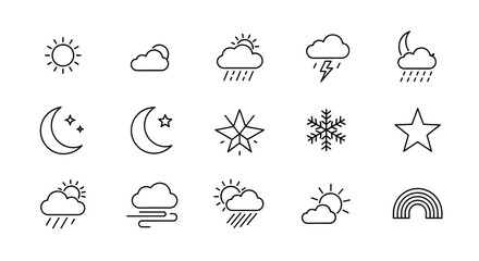 Weather forecast icon set. Line art collection of meteorological symbols. Sun, cloud, rain, thunderstorm, snow, moon, star, wind, rainbow. Minimal outline pictogram pack.