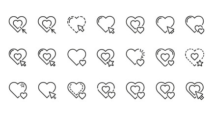 Heart cursor icon set mouse pointer click symbol. Love, like, favorite concepts. UI elements for social media, dating app. Digital romance, relationship. Vector outline graphic.