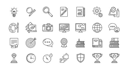 Big vector collection of thin line icons for business, education and creative process. Set for web and app design. Symbols of success, achievement, and learning concepts.
