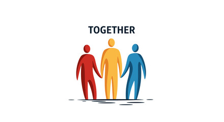 Three colorful stylized human figures holding hands together, symbolizing unity, teamwork, cooperation, friendship, partnership, community, collaboration, connection concept