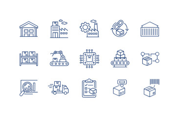 Logistics and supply chain line icon set. Vector symbols for warehouse, factory, automation, delivery, distribution, inventory, shipping, barcode and other industry processes.