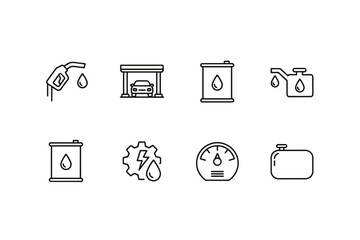 Fuel and oil line icon set. Car service and gas station symbols. Petrol pump, engine oil can, barrel, and fuel tank vector icons. Automotive industry and transportation signs.