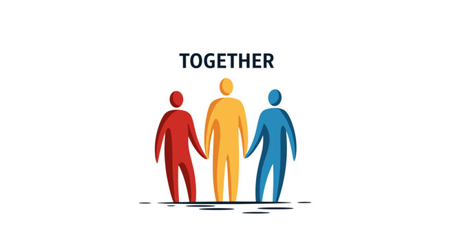 Three colorful stylized human figures holding hands together, symbolizing unity, teamwork, cooperation, friendship, partnership, community, collaboration, connection concept