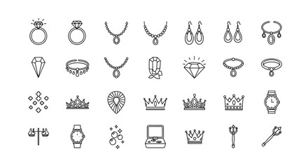 Jewelry line icon set. Luxury accessories collection. Vector outline symbols of ring, necklace, earring, diamond, crown, watch. Precious gem, wealth, fashion, royal treasure.