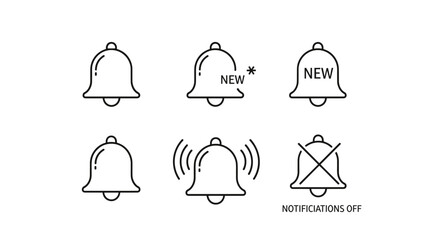 Notification bell icon set with new alerts, ringing, mute, and notification off symbols for app UI, digital alerts, message notifications, and reminders vector graphics