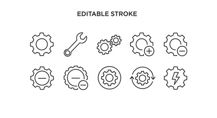 Gear settings line icon set. Editable stroke. Vector cogwheel for configuration, maintenance, repair. Mechanical process and setup tool symbol. Engineering and technical icons.